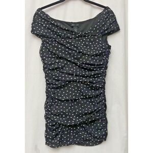 WHBM Women's Black Ruche Sheer Lined Polka Dot Sleeveless Dress - Size S